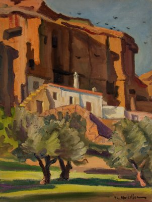 Earthen Mound with Vivid Orange, Crows, Spain — Oil painting, Canvas, 46.00×61.00cm — Theodoros Markellos